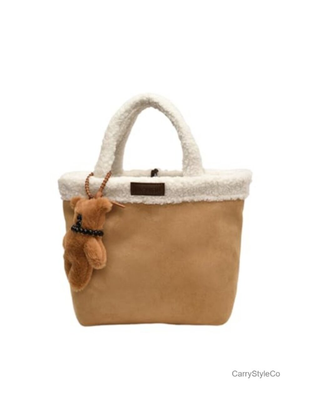 Soft Suede Shearling Women's Tote Bag Top Handle Shoulder Handbag Bear Charm